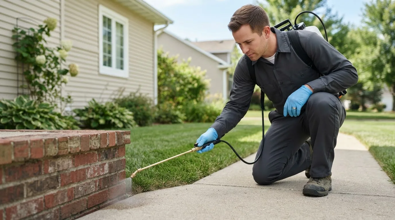 Pest control technician treating a home near Talent, OR